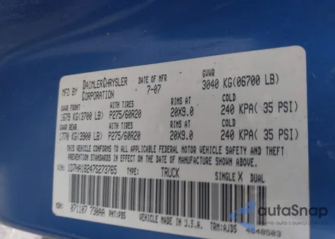 2007 Dodge Ram 1500 из США, поврежденный, VIN 1D78A18247S273765